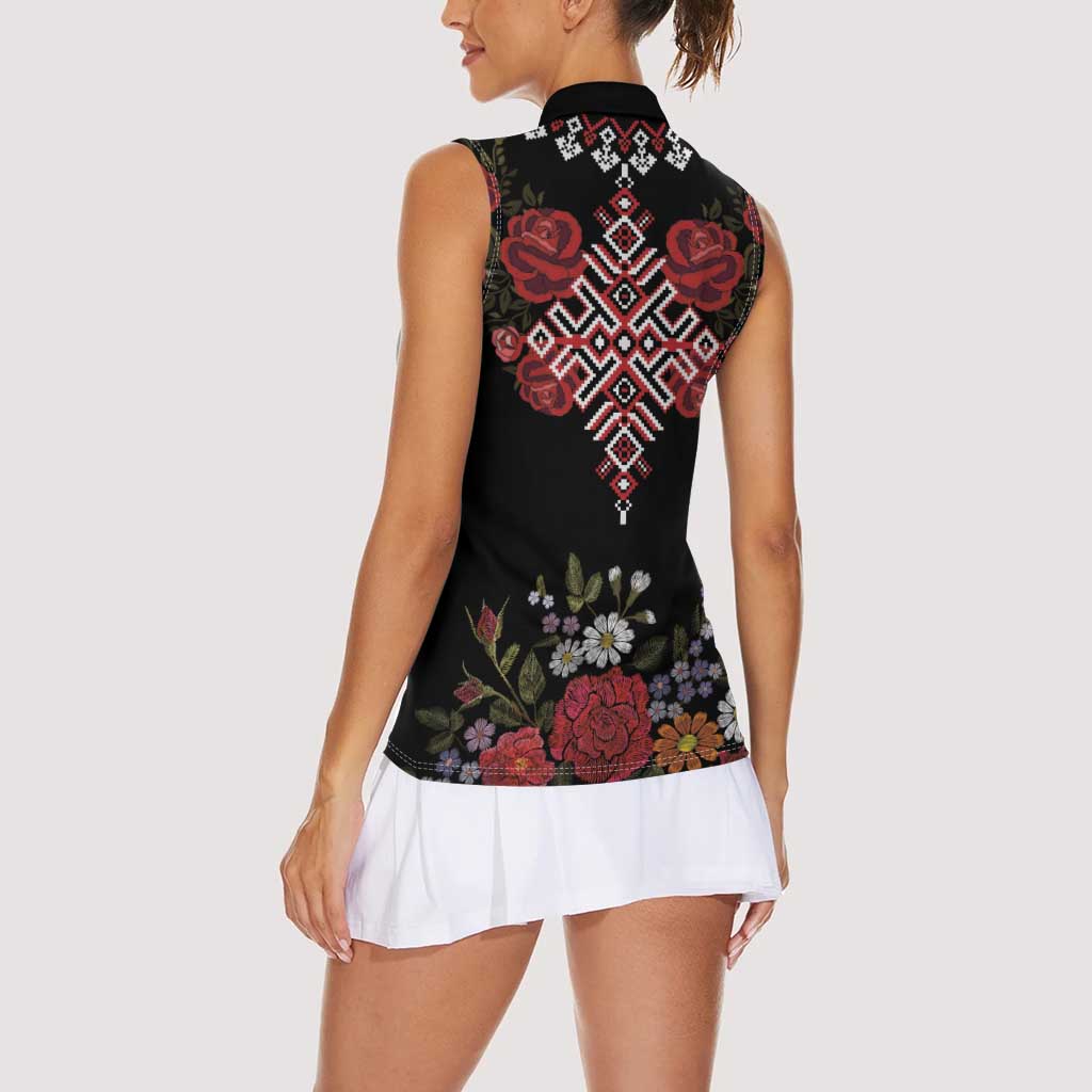 Czech Republic Traditional Costume Women Sleeveless Polo Shirt Embroidery Floral Pattern With Red Rose