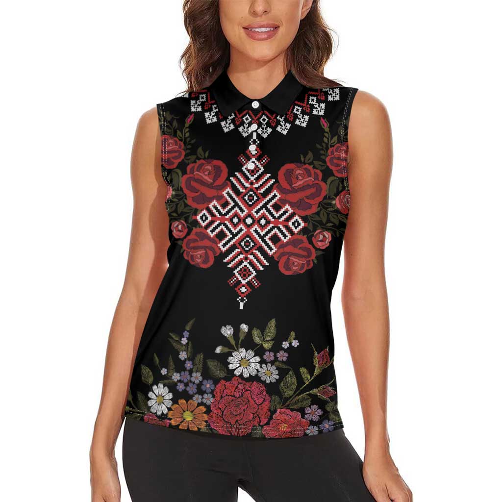 Czech Republic Traditional Costume Women Sleeveless Polo Shirt Embroidery Floral Pattern With Red Rose