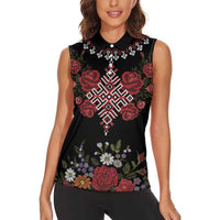 Czech Republic Traditional Costume Women Sleeveless Polo Shirt Embroidery Floral Pattern With Red Rose