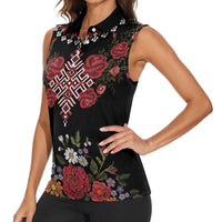 Czech Republic Traditional Costume Women Sleeveless Polo Shirt Embroidery Floral Pattern With Red Rose