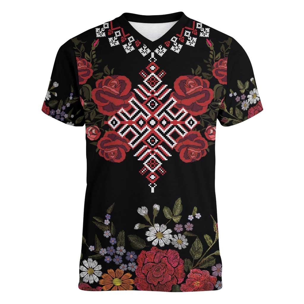 Czech Republic Traditional Costume Women V-Neck T-Shirt Embroidery Floral Pattern With Red Rose