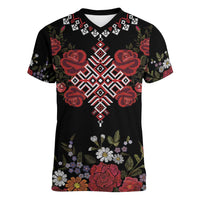 Czech Republic Traditional Costume Women V-Neck T-Shirt Embroidery Floral Pattern With Red Rose