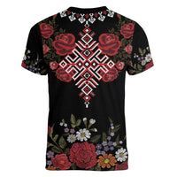 Czech Republic Traditional Costume Women V-Neck T-Shirt Embroidery Floral Pattern With Red Rose