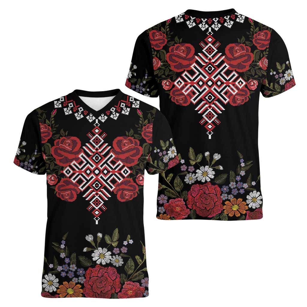 Czech Republic Traditional Costume Women V-Neck T-Shirt Embroidery Floral Pattern With Red Rose