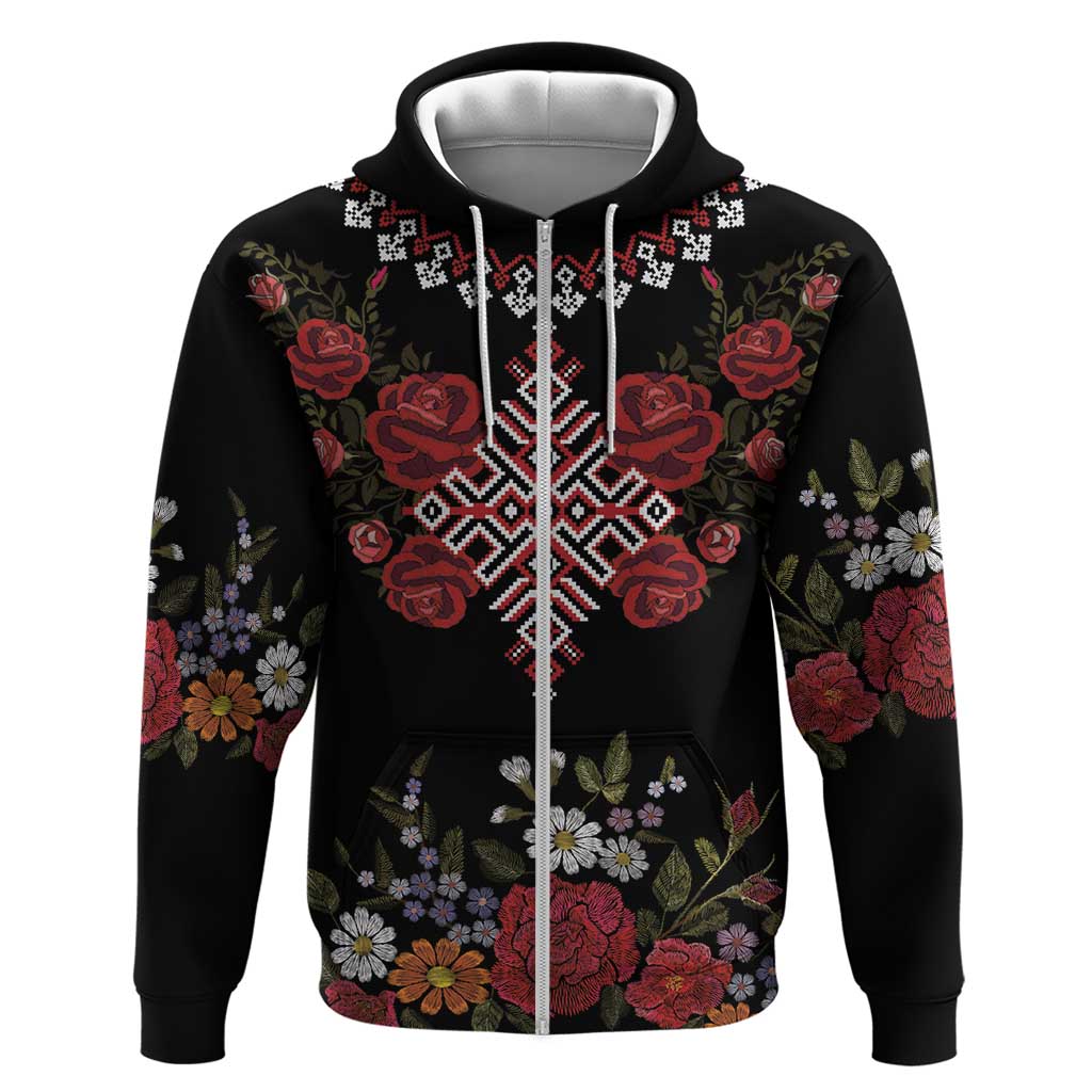Czech Republic Traditional Costume Zip Hoodie Embroidery Floral Pattern With Red Rose