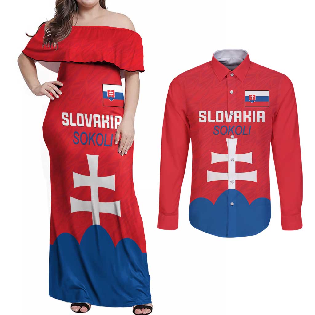 Custom Slovakia Football Couples Matching Off Shoulder Maxi Dress and Long Sleeve Button Shirt Come On Sokoli