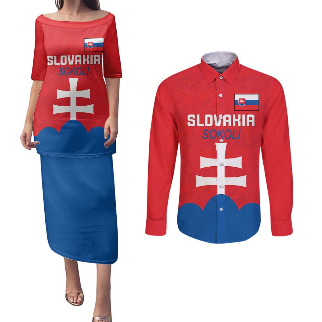 Custom Slovakia Football Couples Matching Puletasi and Long Sleeve Button Shirt Come On Sokoli