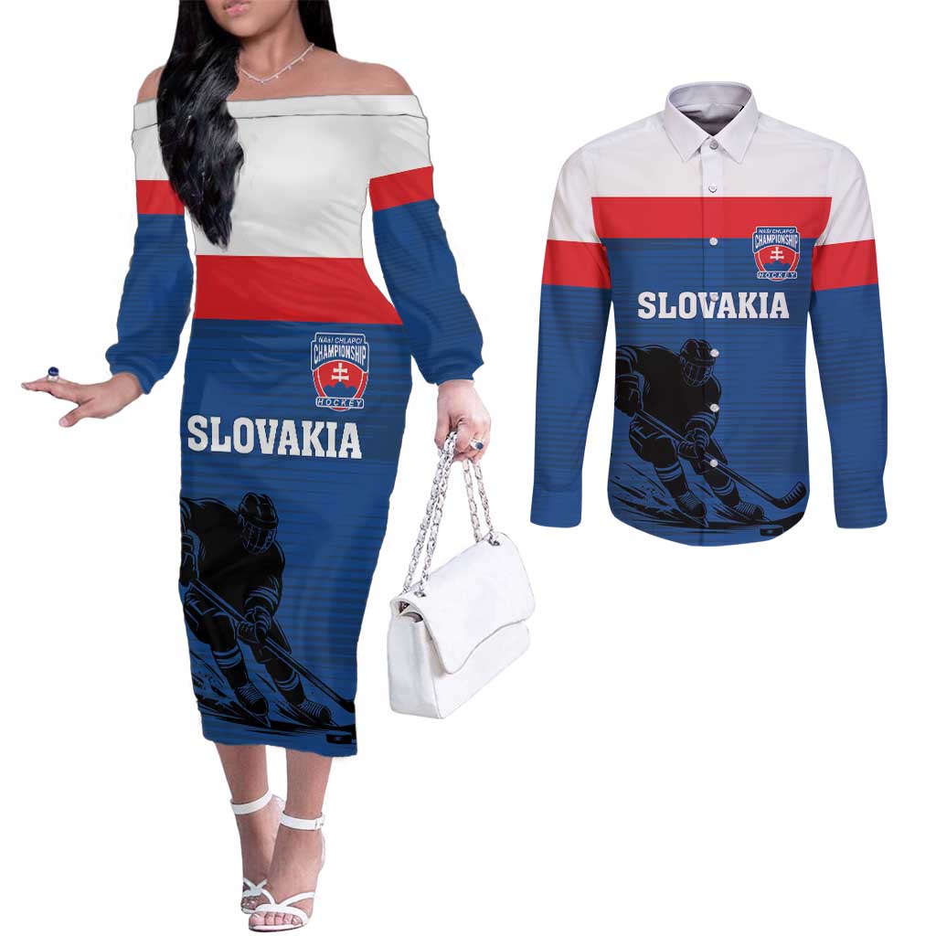 Custom Slovakia Hockey Couples Matching Off The Shoulder Long Sleeve Dress and Long Sleeve Button Shirt Go Nasi Chlapci