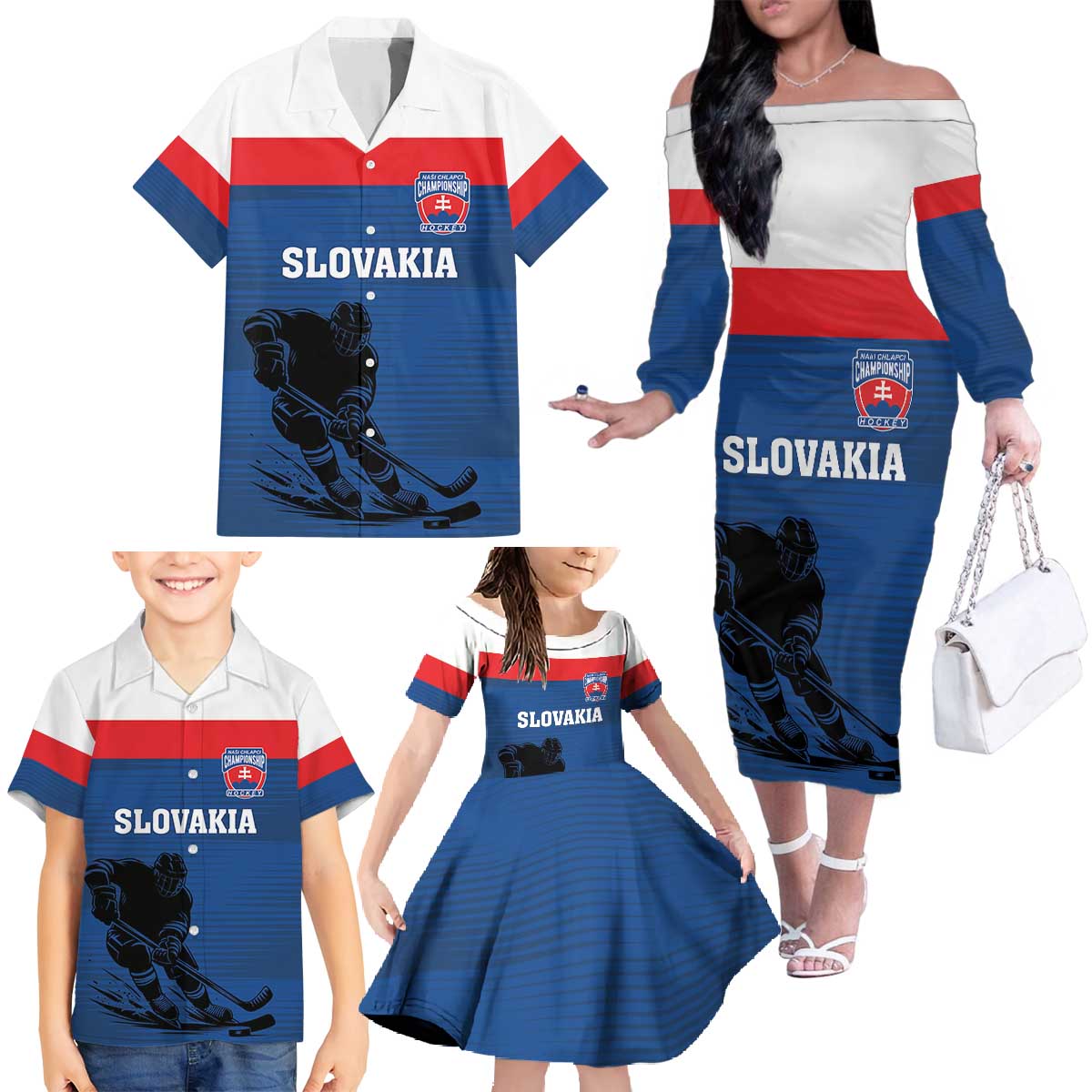 Custom Slovakia Hockey Family Matching Off The Shoulder Long Sleeve Dress and Hawaiian Shirt Go Nasi Chlapci