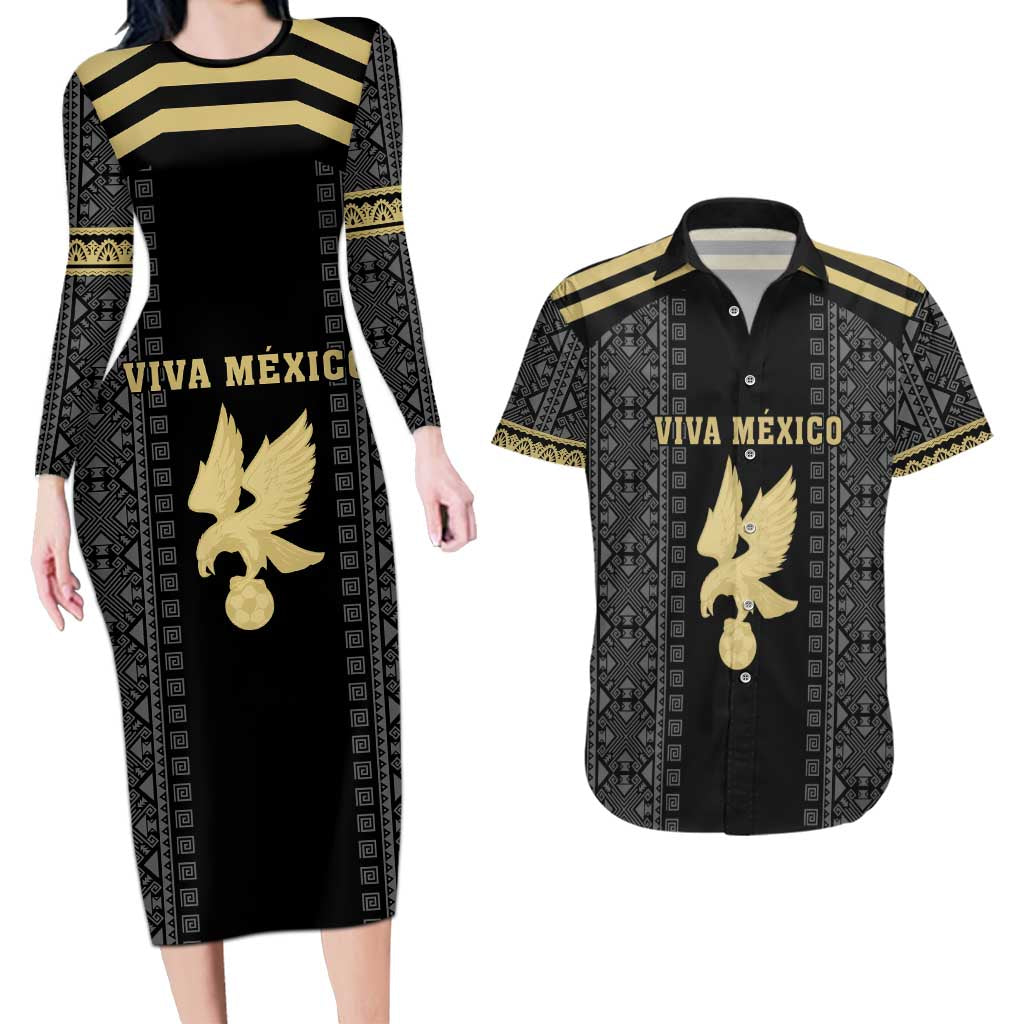 Custom Mexico Football Couples Matching Long Sleeve Bodycon Dress and Hawaiian Shirt El Tri Aztec Pattern Back Version
