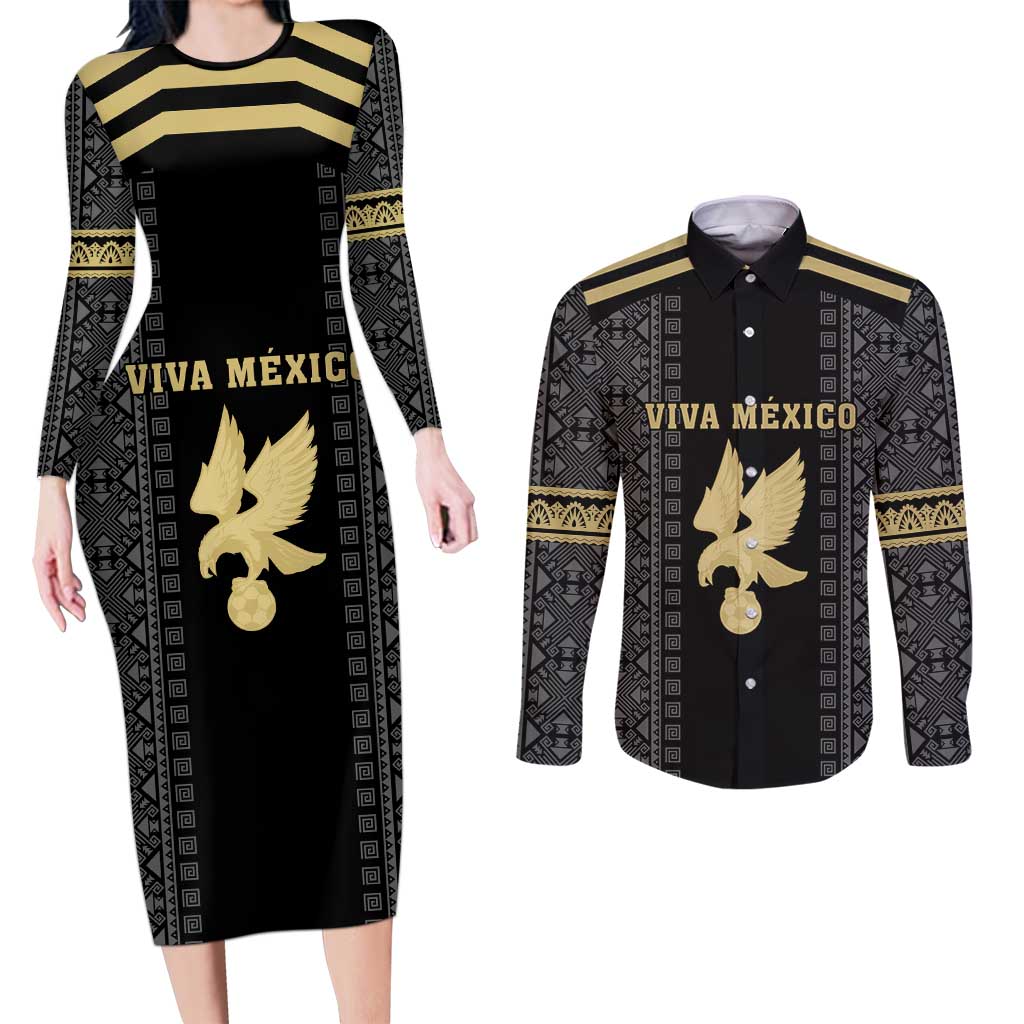 Custom Mexico Football Couples Matching Long Sleeve Bodycon Dress and Long Sleeve Button Shirt El Tri Aztec Pattern Back Version
