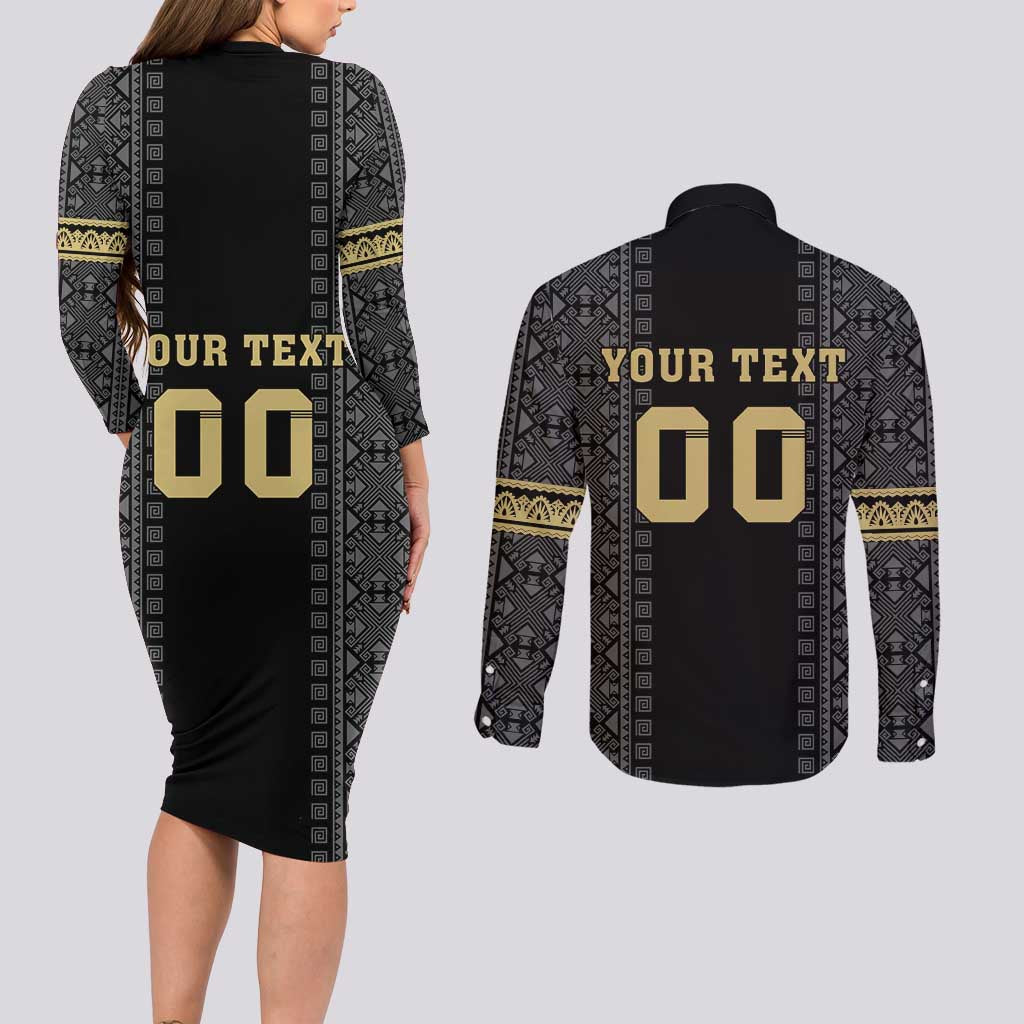Custom Mexico Football Couples Matching Long Sleeve Bodycon Dress and Long Sleeve Button Shirt El Tri Aztec Pattern Back Version