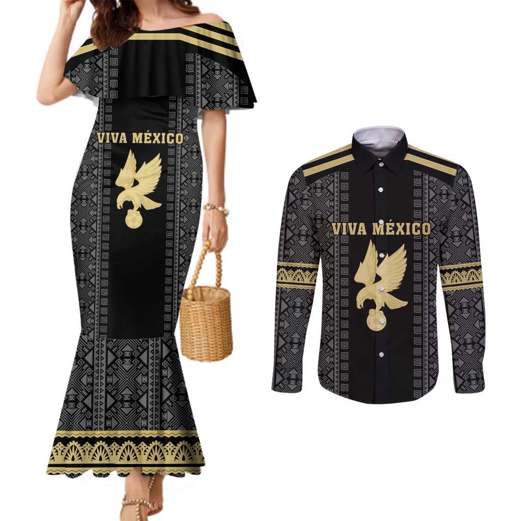 Custom Mexico Football Couples Matching Mermaid Dress and Long Sleeve Button Shirt El Tri Aztec Pattern Back Version