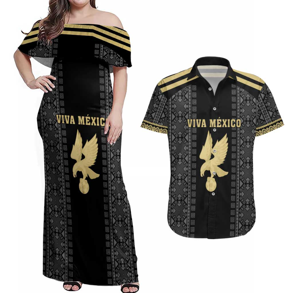 Custom Mexico Football Couples Matching Off Shoulder Maxi Dress and Hawaiian Shirt El Tri Aztec Pattern Back Version