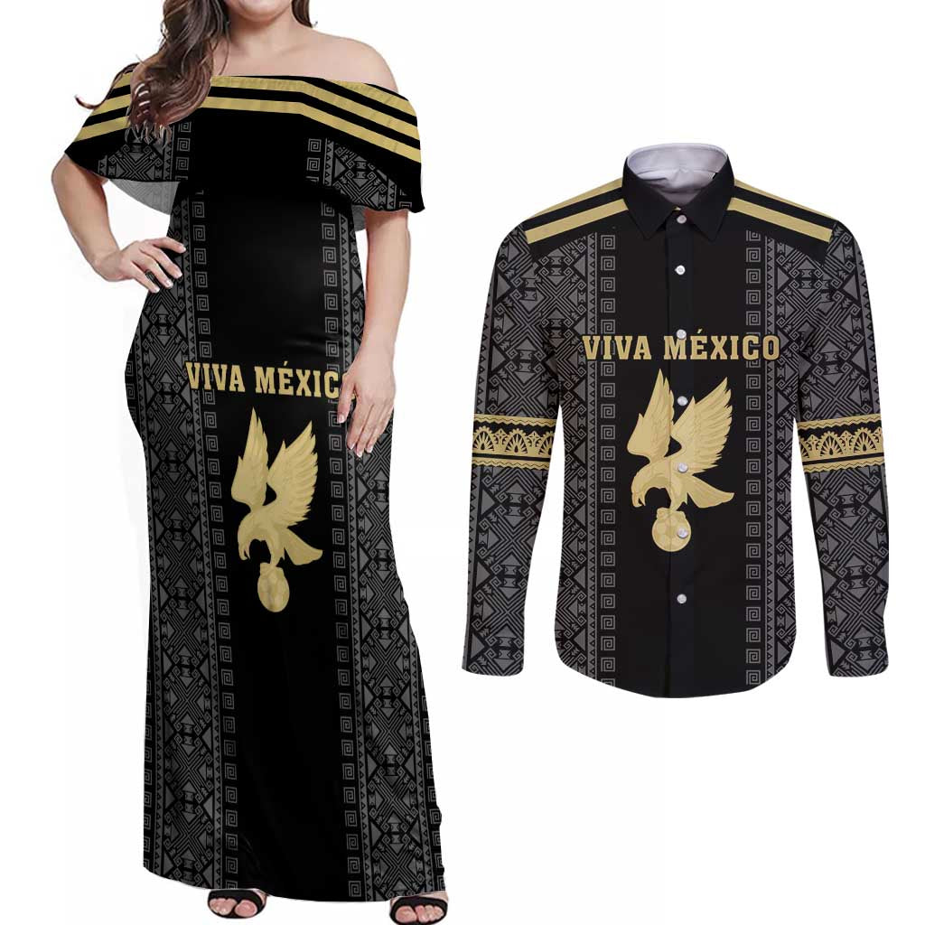 Custom Mexico Football Couples Matching Off Shoulder Maxi Dress and Long Sleeve Button Shirt El Tri Aztec Pattern Back Version