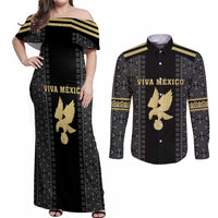 Custom Mexico Football Couples Matching Off Shoulder Maxi Dress and Long Sleeve Button Shirt El Tri Aztec Pattern Back Version