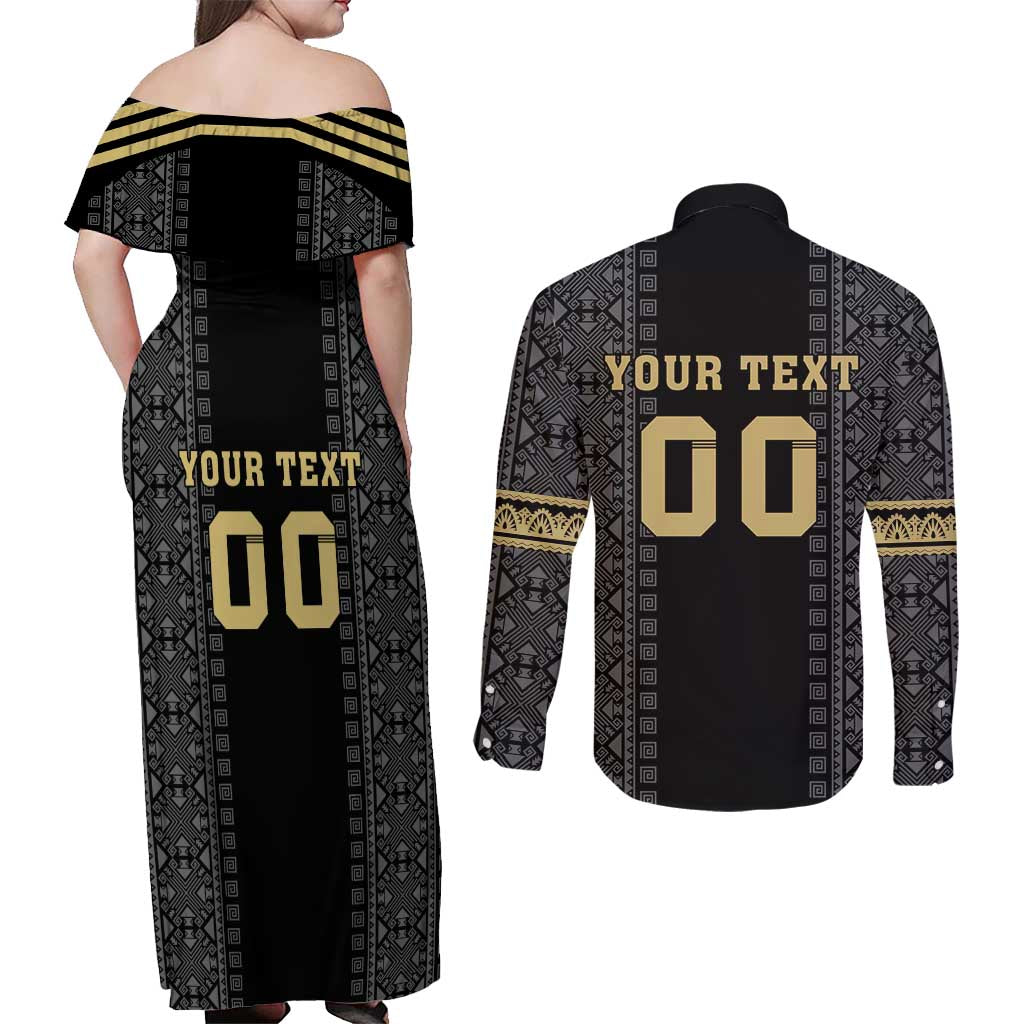 Custom Mexico Football Couples Matching Off Shoulder Maxi Dress and Long Sleeve Button Shirt El Tri Aztec Pattern Back Version