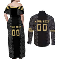 Custom Mexico Football Couples Matching Off Shoulder Maxi Dress and Long Sleeve Button Shirt El Tri Aztec Pattern Back Version