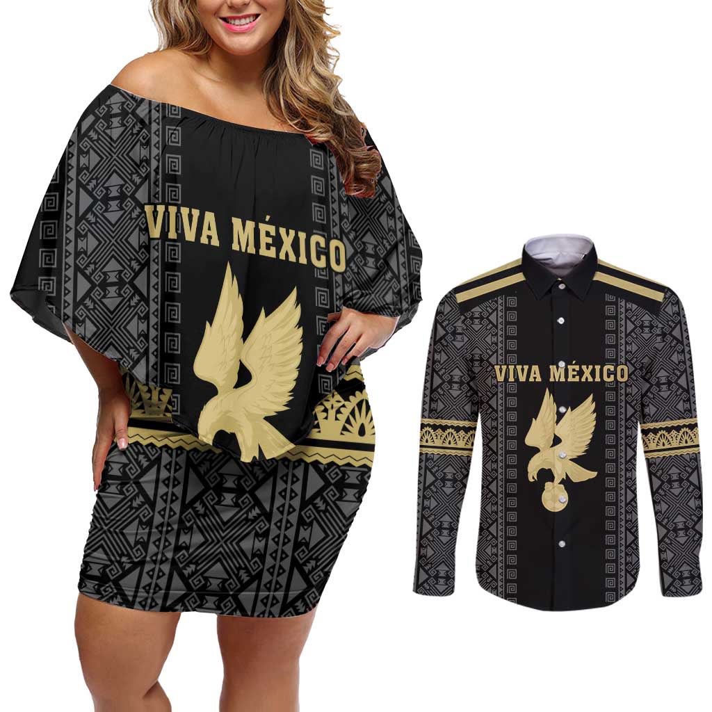 Custom Mexico Football Couples Matching Off Shoulder Short Dress and Long Sleeve Button Shirt El Tri Aztec Pattern Back Version