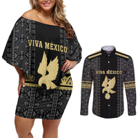 Custom Mexico Football Couples Matching Off Shoulder Short Dress and Long Sleeve Button Shirt El Tri Aztec Pattern Back Version