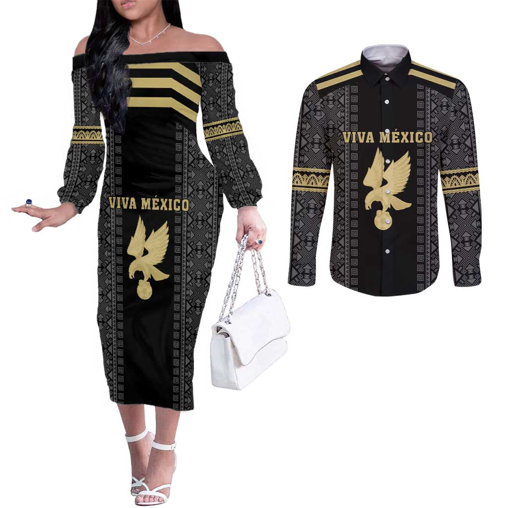 Custom Mexico Football Couples Matching Off The Shoulder Long Sleeve Dress and Long Sleeve Button Shirt El Tri Aztec Pattern Back Version