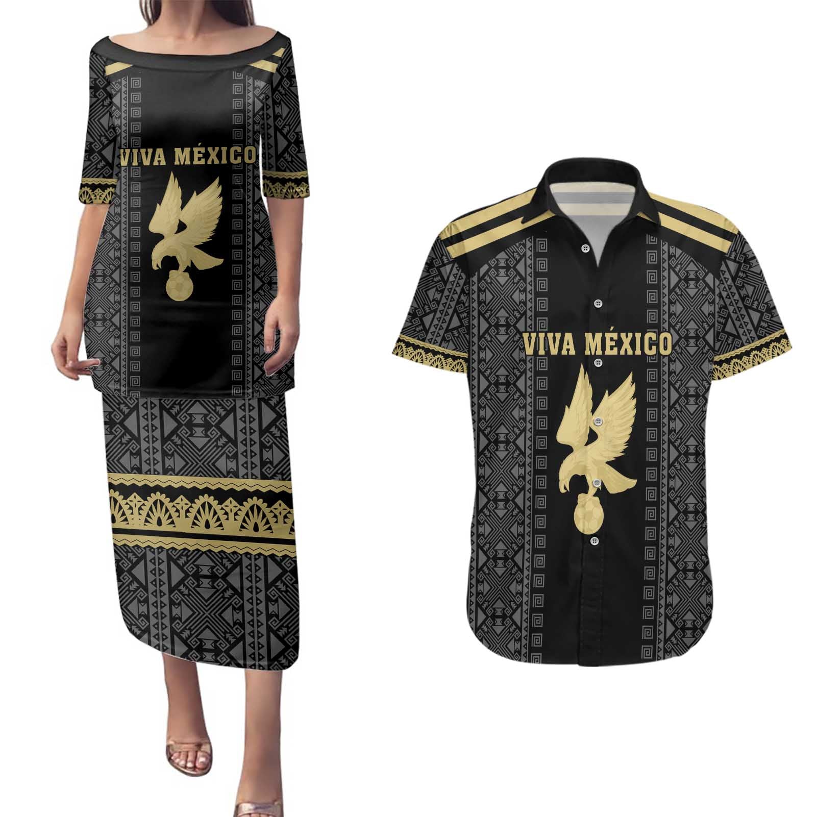 Custom Mexico Football Couples Matching Puletasi and Hawaiian Shirt El Tri Aztec Pattern Back Version