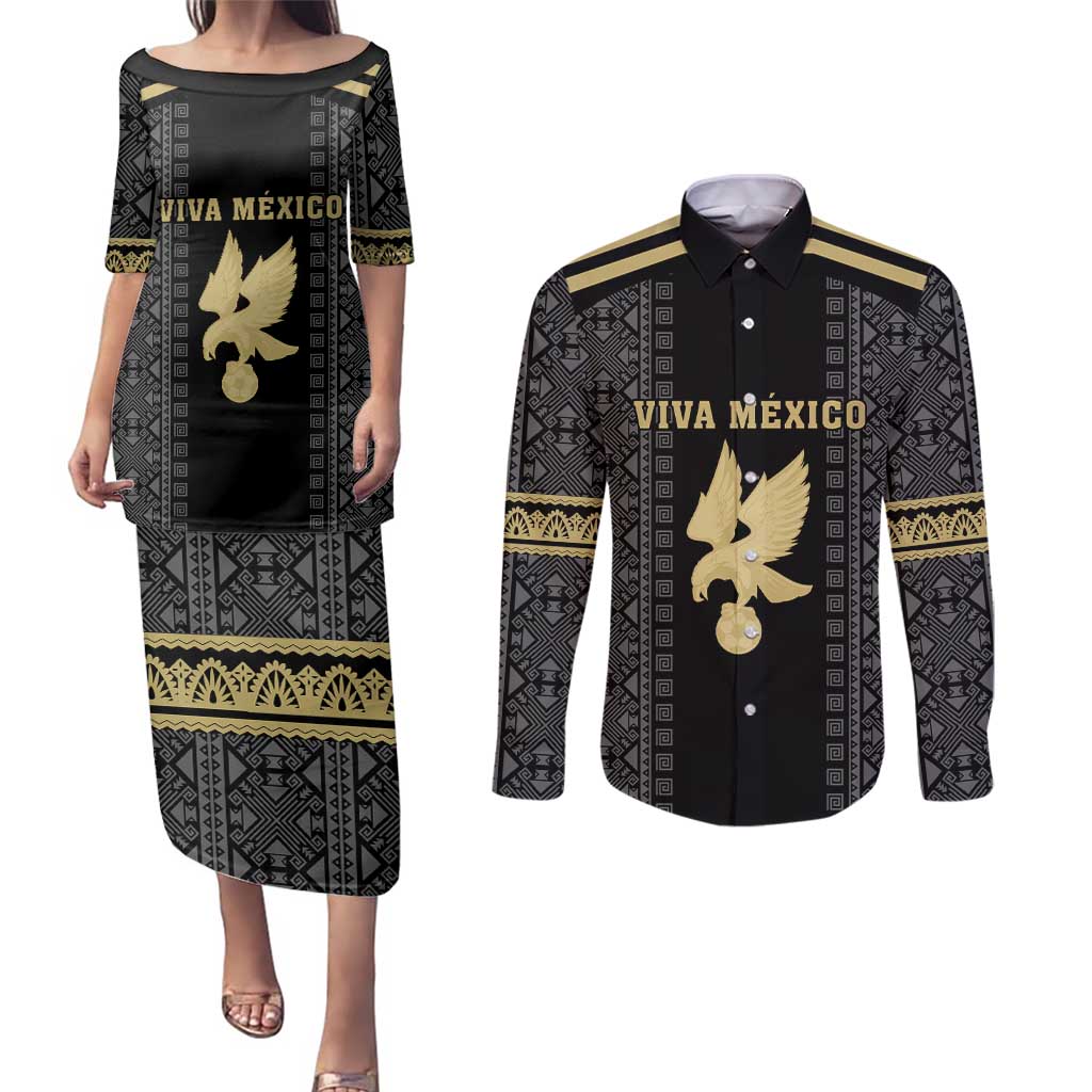Custom Mexico Football Couples Matching Puletasi and Long Sleeve Button Shirt El Tri Aztec Pattern Back Version