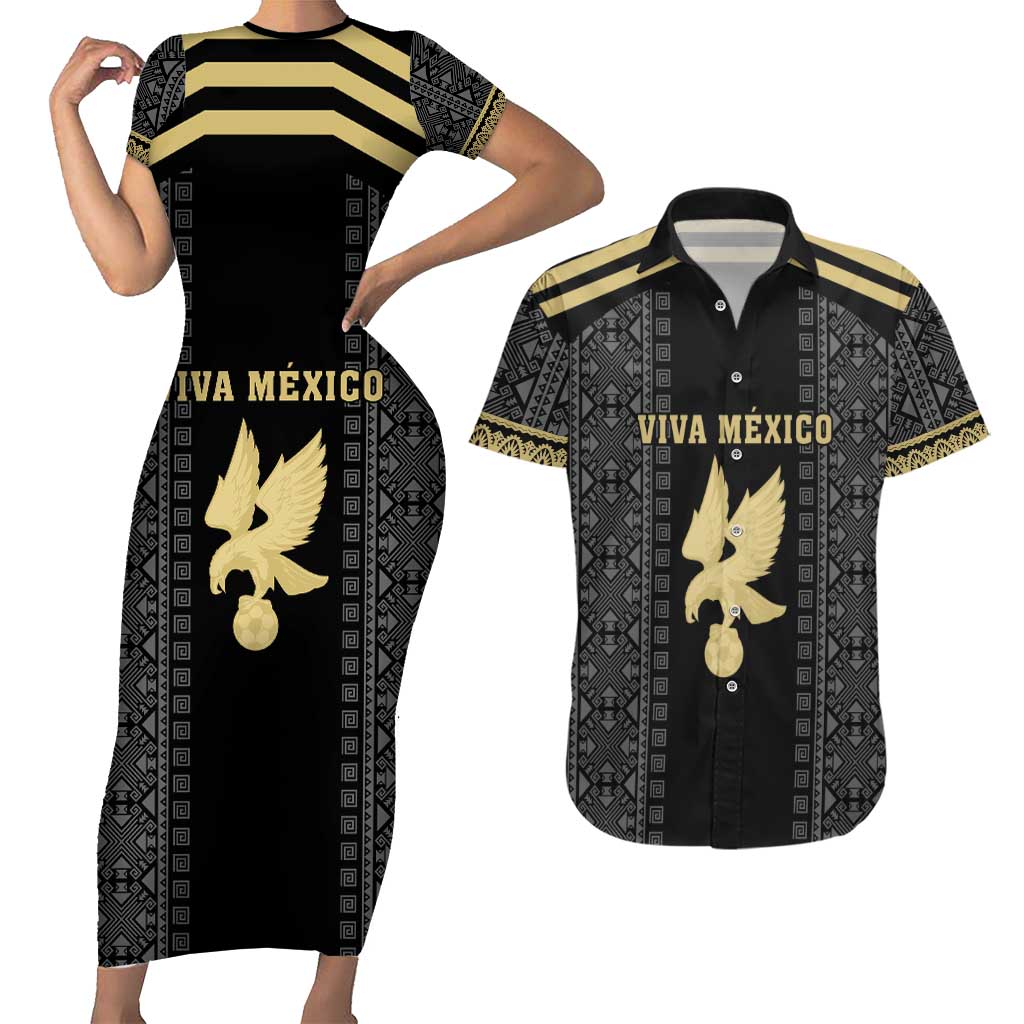 Custom Mexico Football Couples Matching Short Sleeve Bodycon Dress and Hawaiian Shirt El Tri Aztec Pattern Back Version