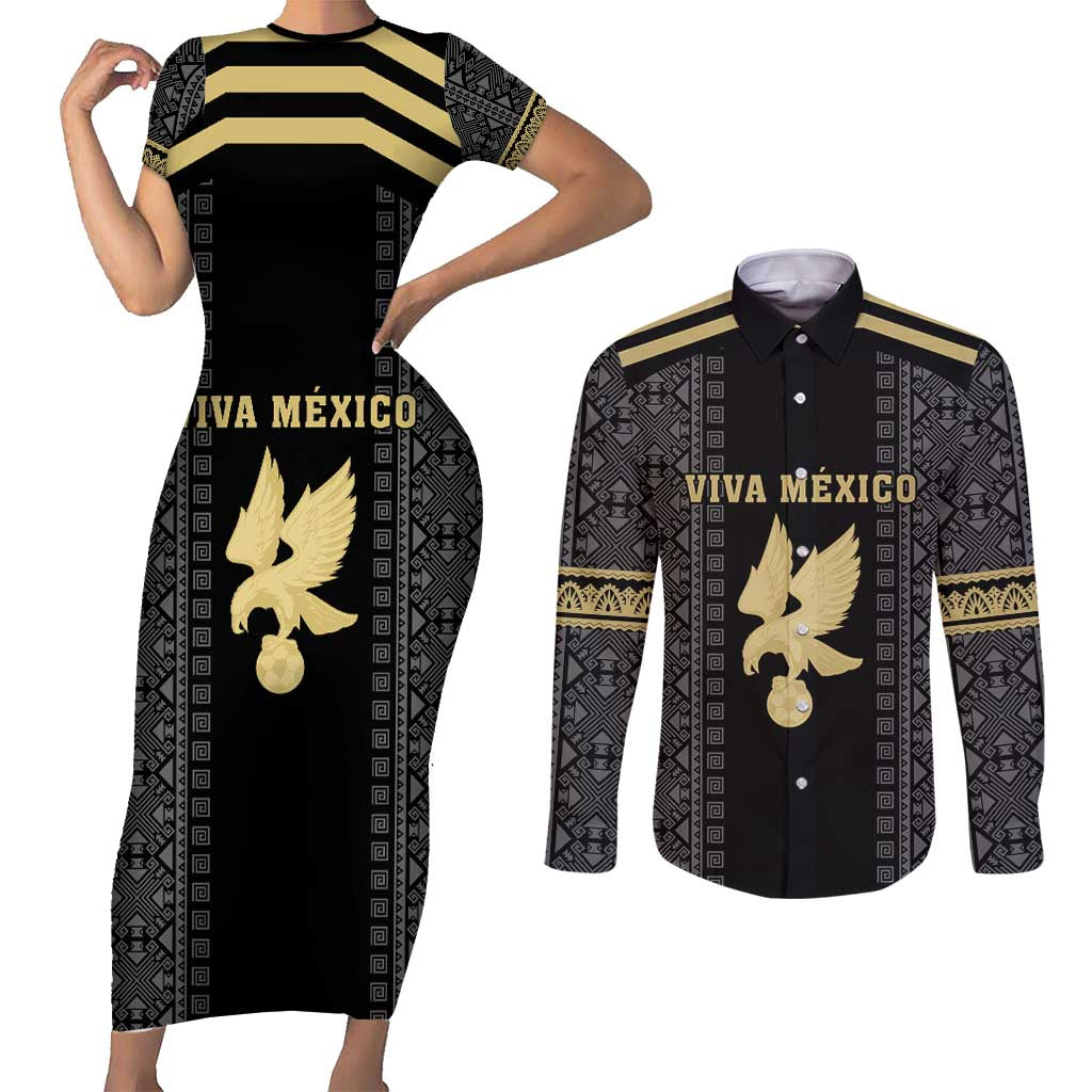Custom Mexico Football Couples Matching Short Sleeve Bodycon Dress and Long Sleeve Button Shirt El Tri Aztec Pattern Back Version