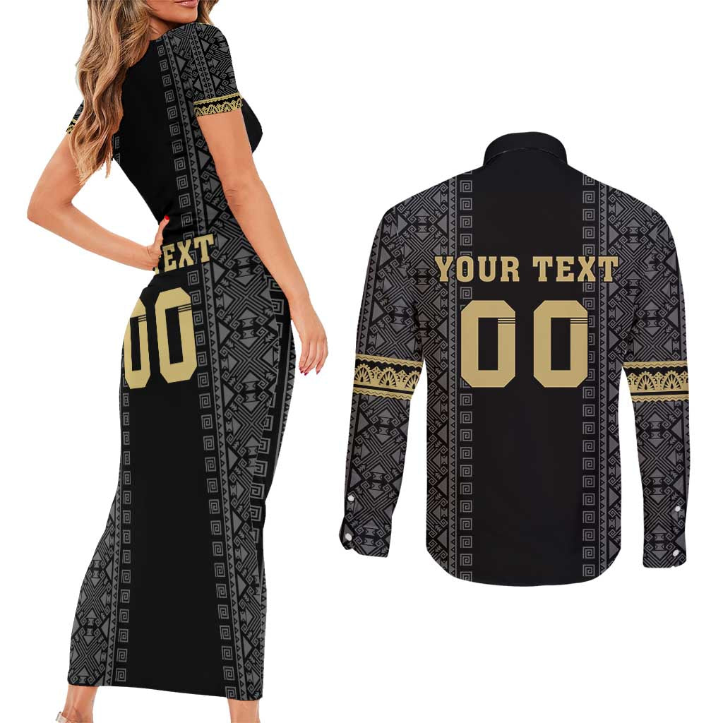 Custom Mexico Football Couples Matching Short Sleeve Bodycon Dress and Long Sleeve Button Shirt El Tri Aztec Pattern Back Version