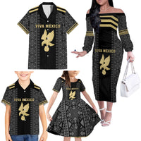 Custom Mexico Football Family Matching Off The Shoulder Long Sleeve Dress and Hawaiian Shirt El Tri Aztec Pattern Back Version