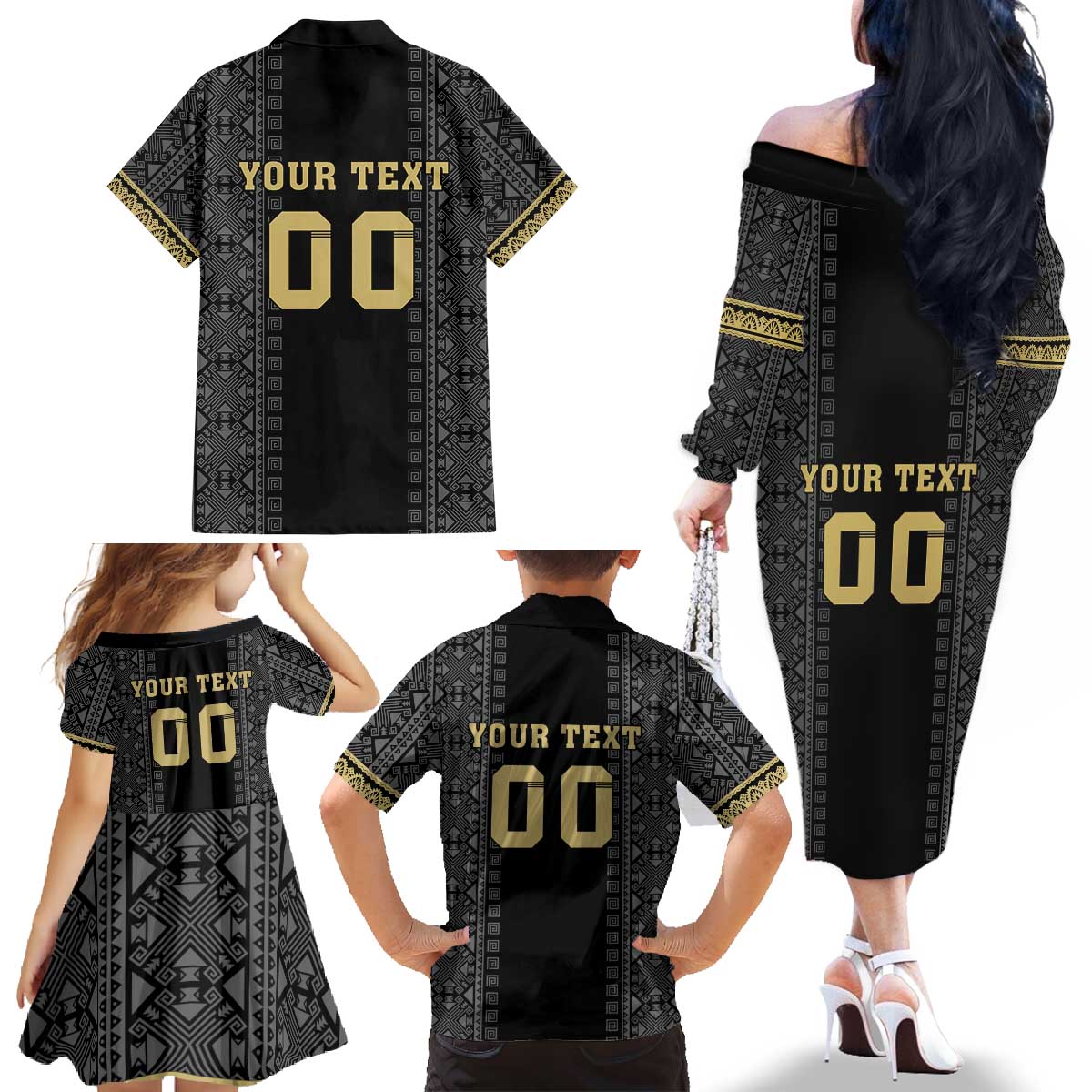 Custom Mexico Football Family Matching Off The Shoulder Long Sleeve Dress and Hawaiian Shirt El Tri Aztec Pattern Back Version