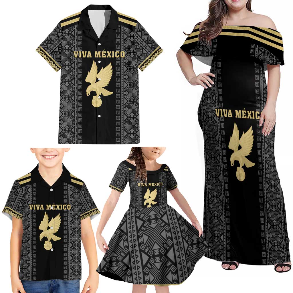 Custom Mexico Football Family Matching Off Shoulder Maxi Dress and Hawaiian Shirt El Tri Aztec Pattern Back Version