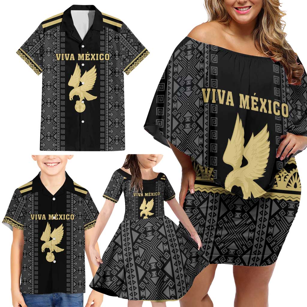 Custom Mexico Football Family Matching Off Shoulder Short Dress and Hawaiian Shirt El Tri Aztec Pattern Back Version