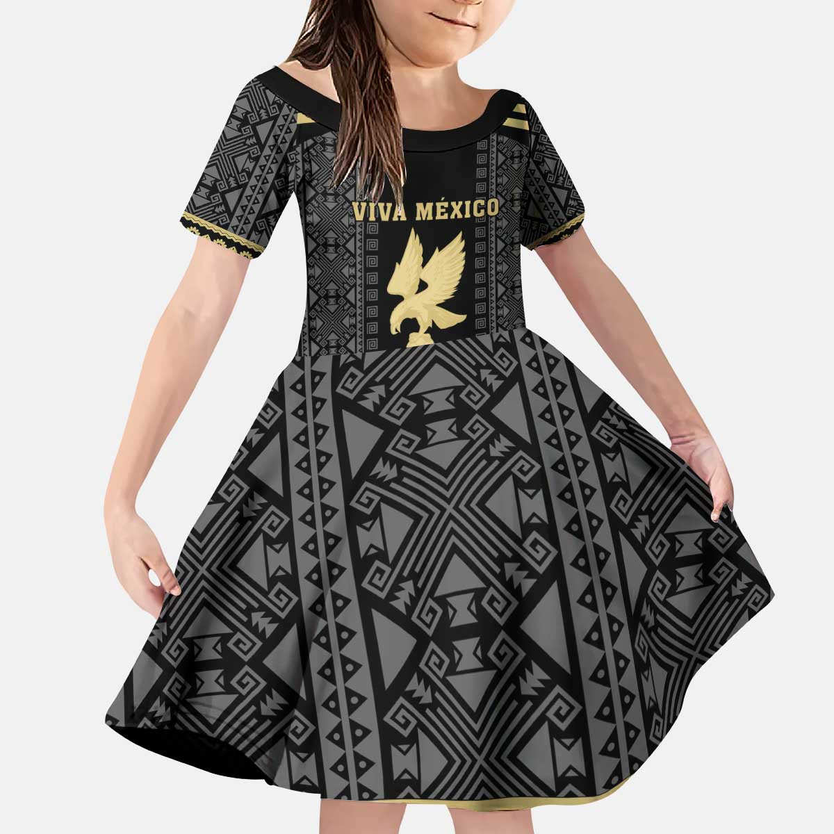 Custom Mexico Football Kid Short Sleeve Dress El Tri Aztec Pattern Back Version