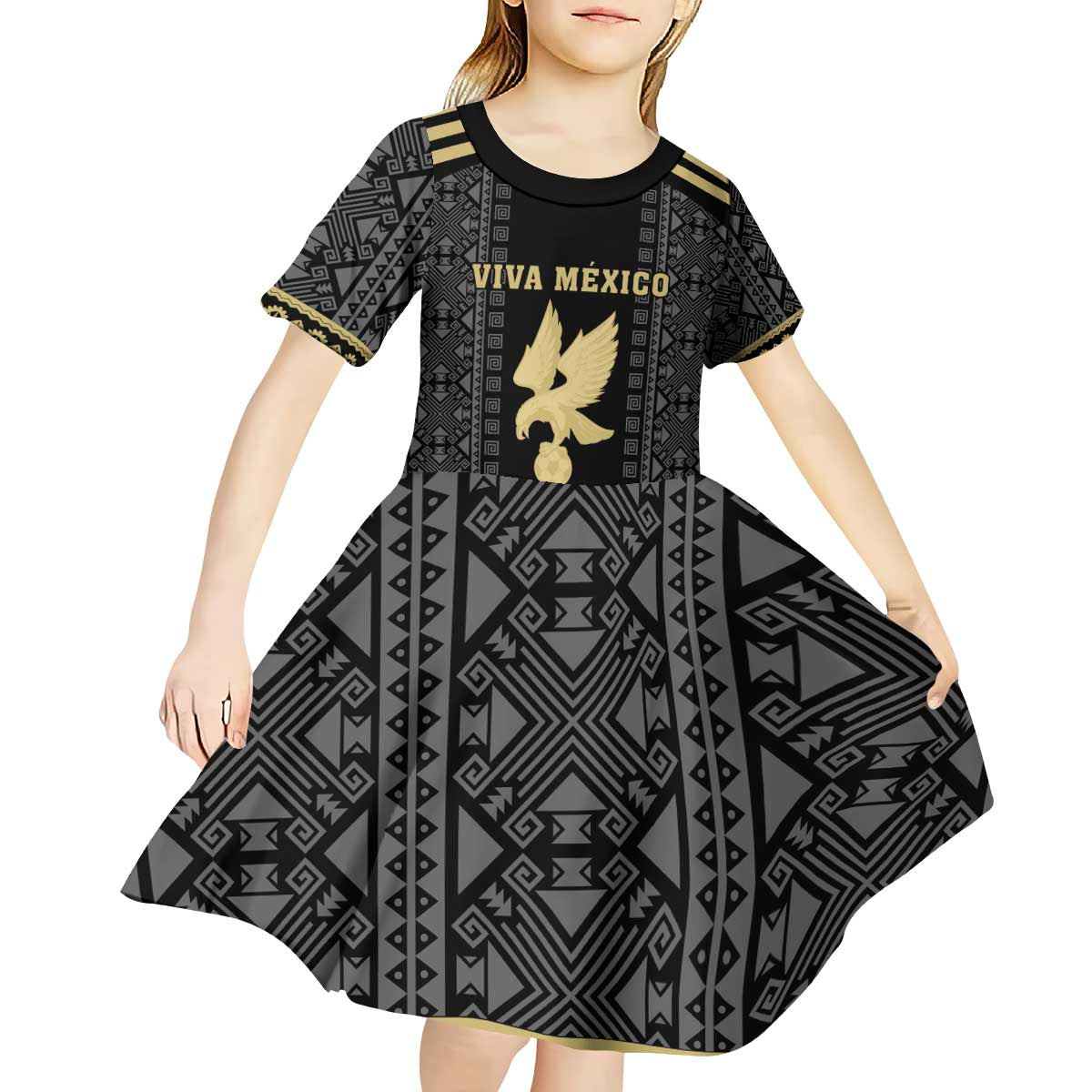 Custom Mexico Football Kid Short Sleeve Dress El Tri Aztec Pattern Back Version