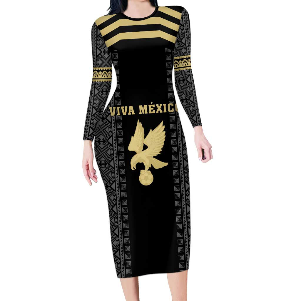 Custom Mexico Football Long Sleeve Bodycon Dress El Tri Aztec Pattern Back Version