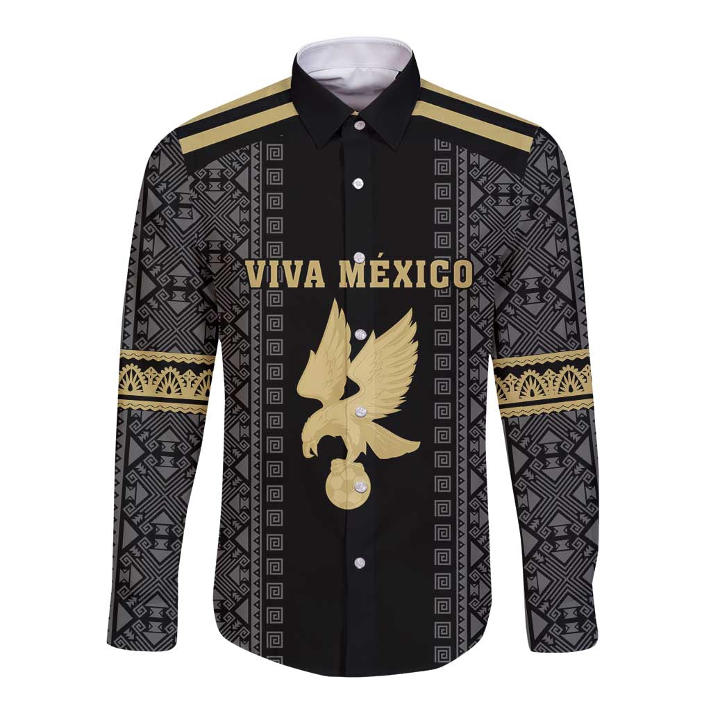 Custom Mexico Football Long Sleeve Button Shirt El Tri Aztec Pattern Back Version
