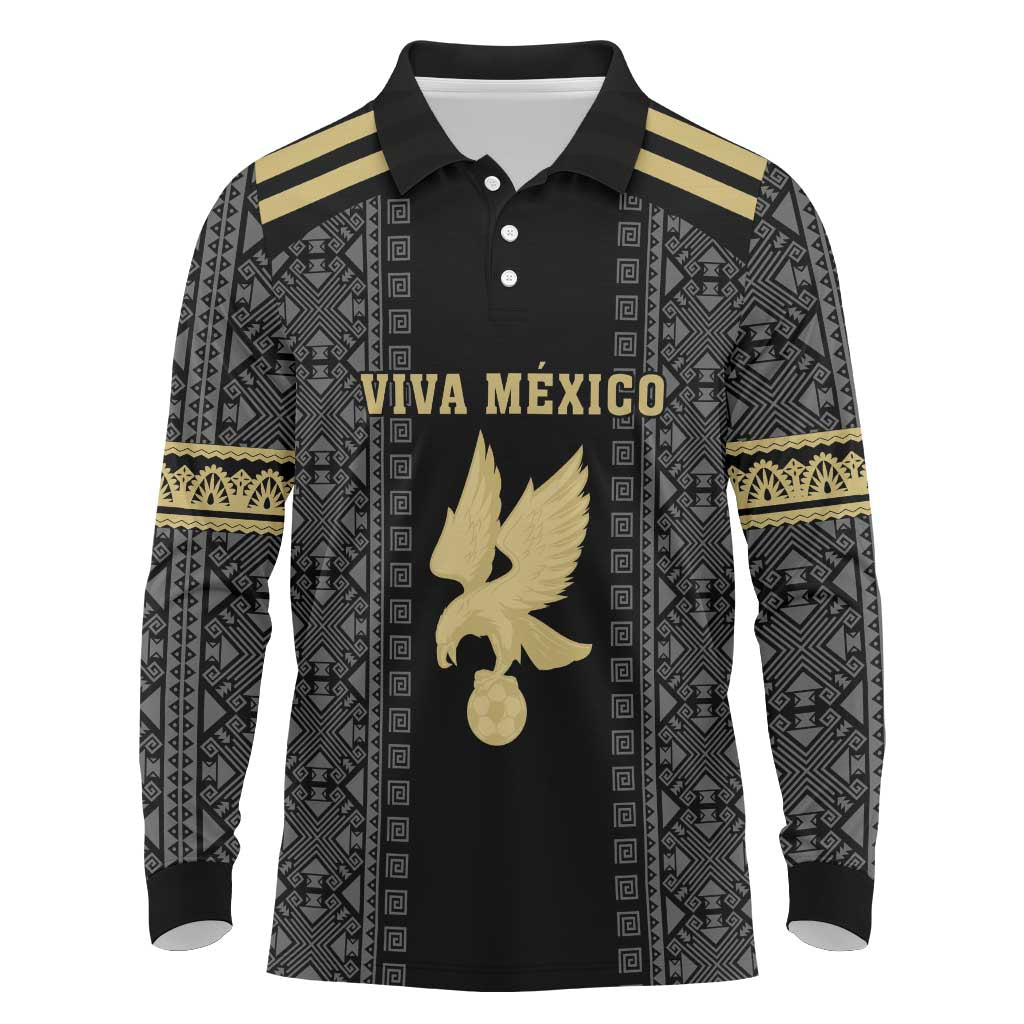 Custom Mexico Football Long Sleeve Polo Shirt El Tri Aztec Pattern Back Version