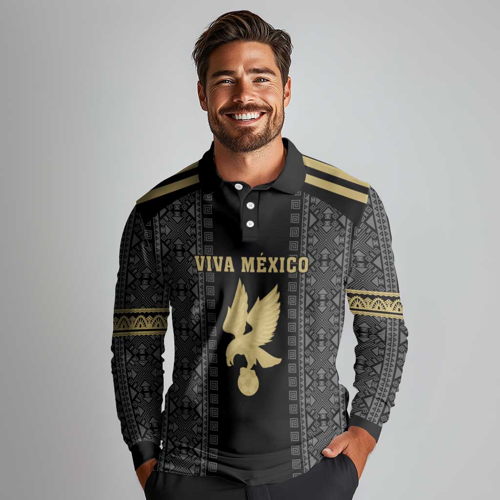 Custom Mexico Football Long Sleeve Polo Shirt El Tri Aztec Pattern Back Version