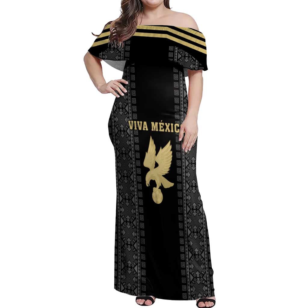 Custom Mexico Football Off Shoulder Maxi Dress El Tri Aztec Pattern Back Version