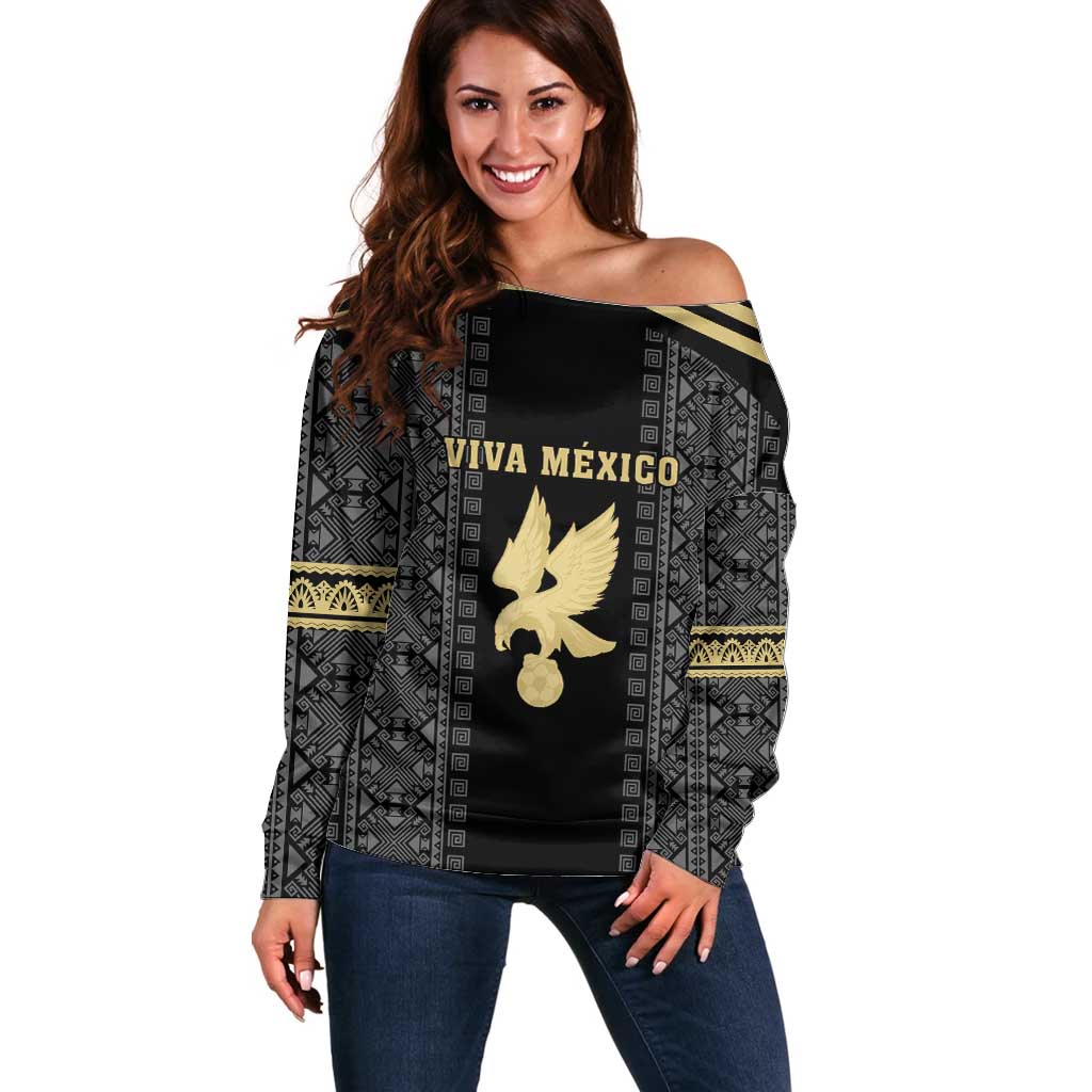 Custom Mexico Football Off Shoulder Sweater El Tri Aztec Pattern Back Version
