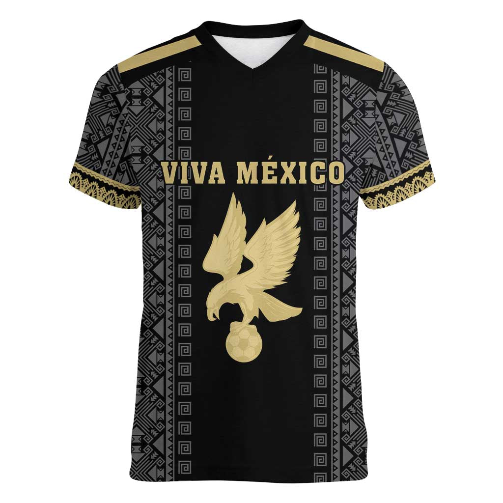 Custom Mexico Football Women V-Neck T-Shirt El Tri Aztec Pattern Back Version