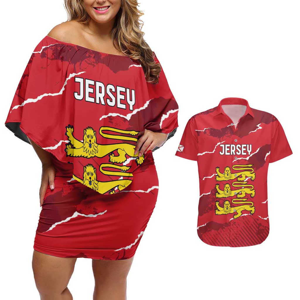 Custom Bailiwick of Jersey Couples Matching Off Shoulder Short Dress and Hawaiian Shirt Sporty Style