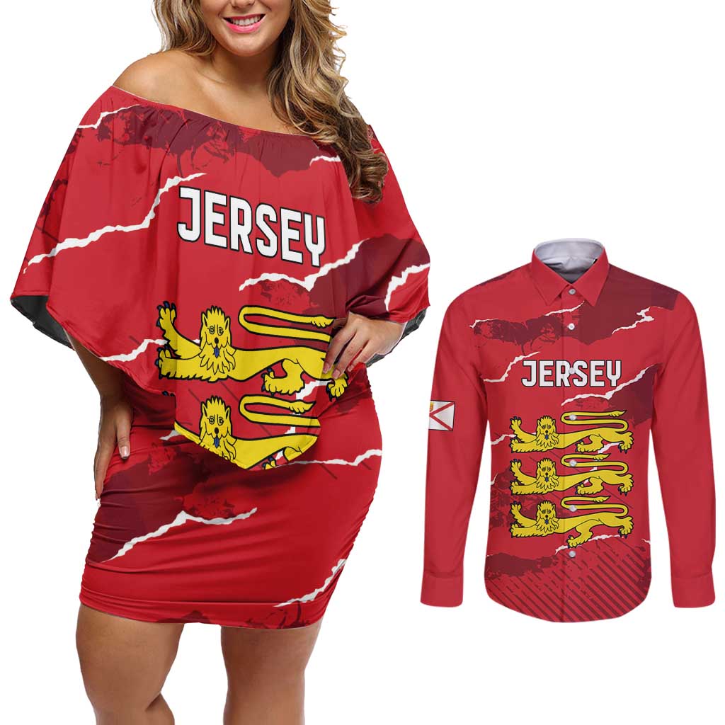 Custom Bailiwick of Jersey Couples Matching Off Shoulder Short Dress and Long Sleeve Button Shirt Sporty Style