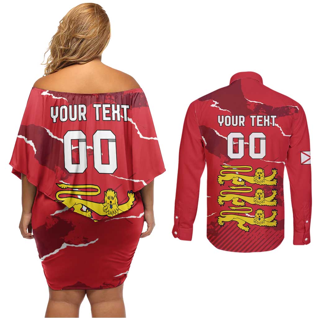 Custom Bailiwick of Jersey Couples Matching Off Shoulder Short Dress and Long Sleeve Button Shirt Sporty Style