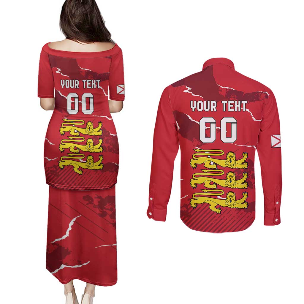 Custom Bailiwick of Jersey Couples Matching Puletasi and Long Sleeve Button Shirt Sporty Style