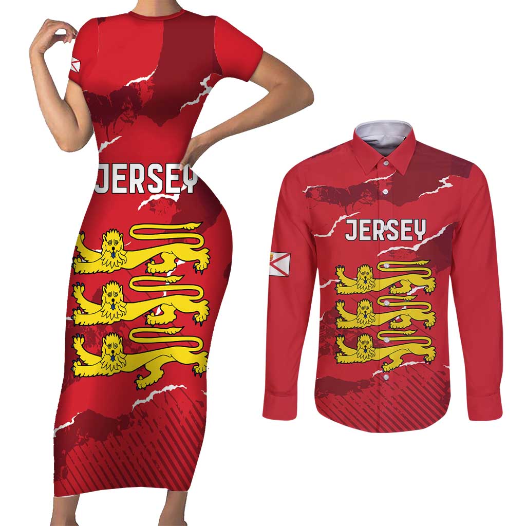 Custom Bailiwick of Jersey Couples Matching Short Sleeve Bodycon Dress and Long Sleeve Button Shirt Sporty Style
