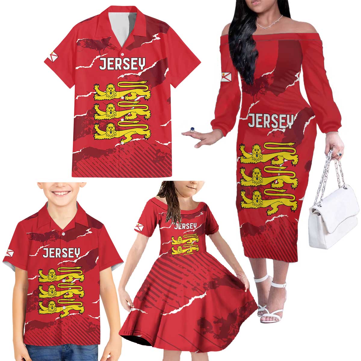 Custom Bailiwick of Jersey Family Matching Off The Shoulder Long Sleeve Dress and Hawaiian Shirt Sporty Style