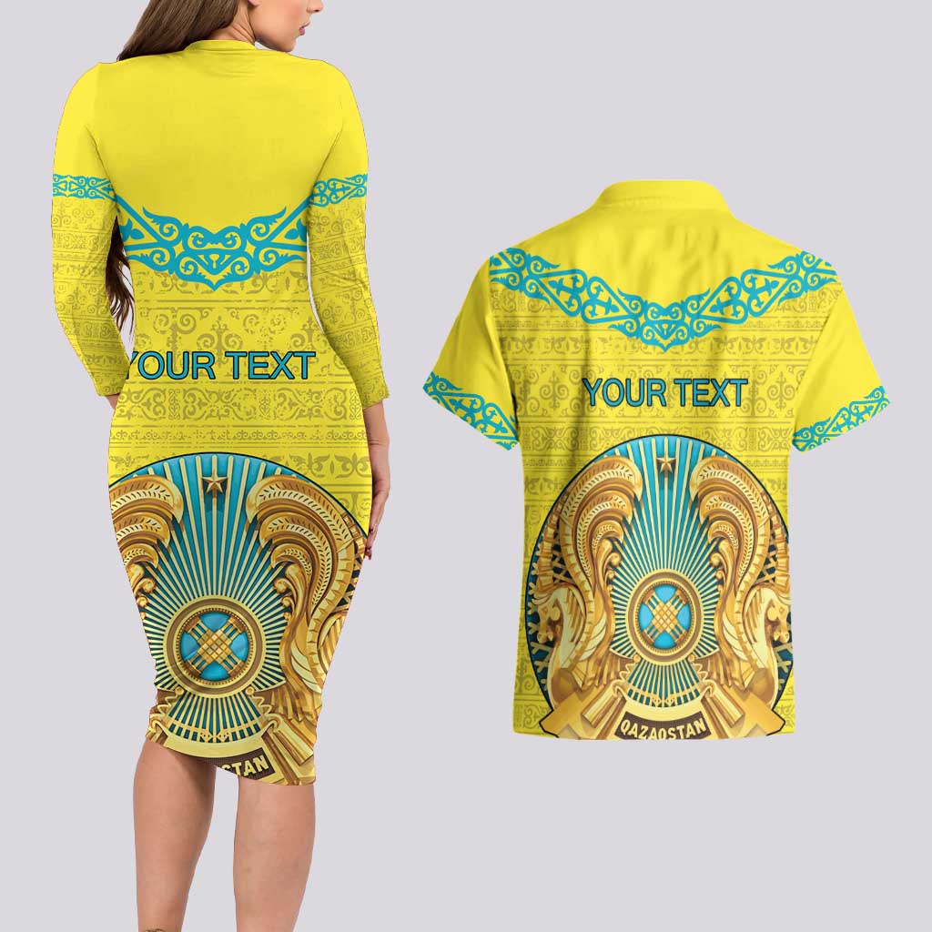 Personalized Kazakhstan Emblem Couples Matching Long Sleeve Bodycon Dress and Hawaiian Shirt Kazakh Pattern